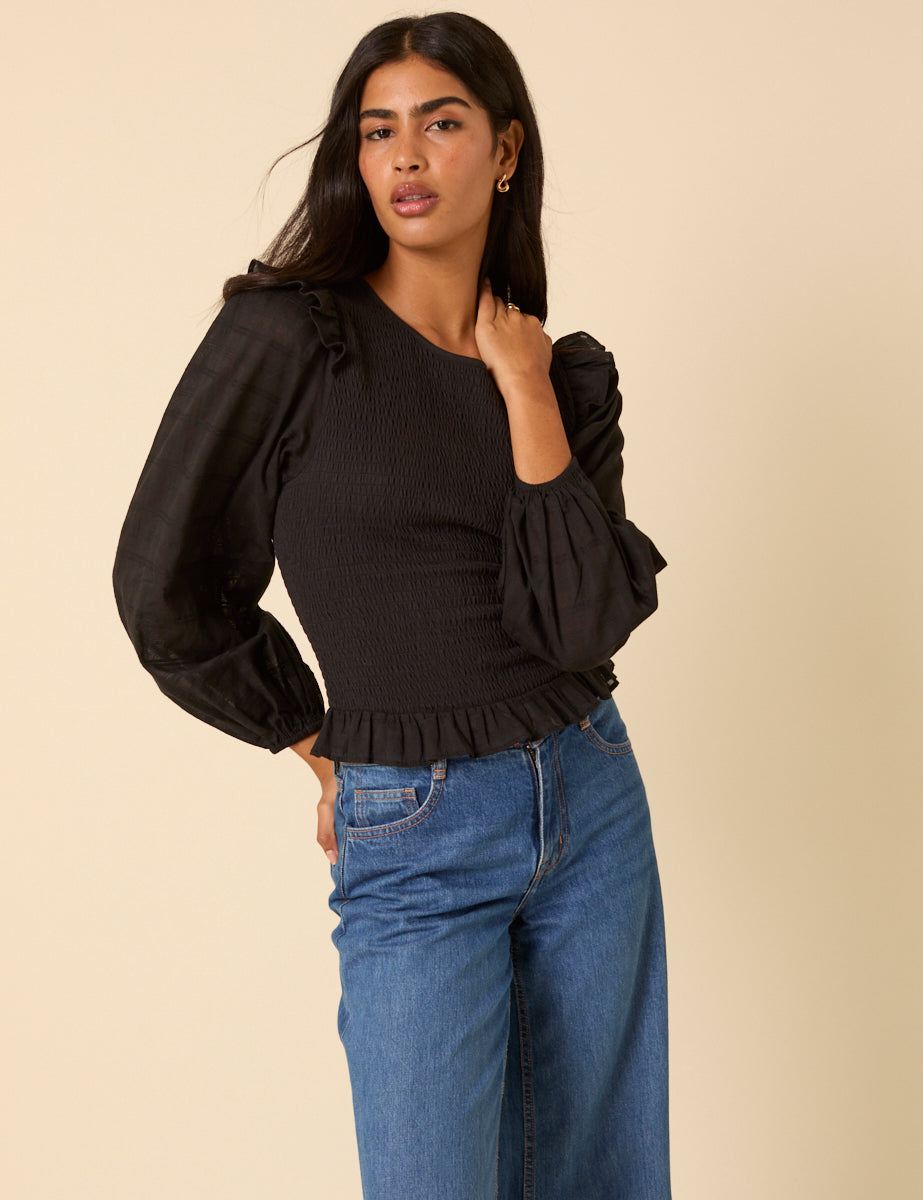 Black Tie Front Puff Sleeve Top